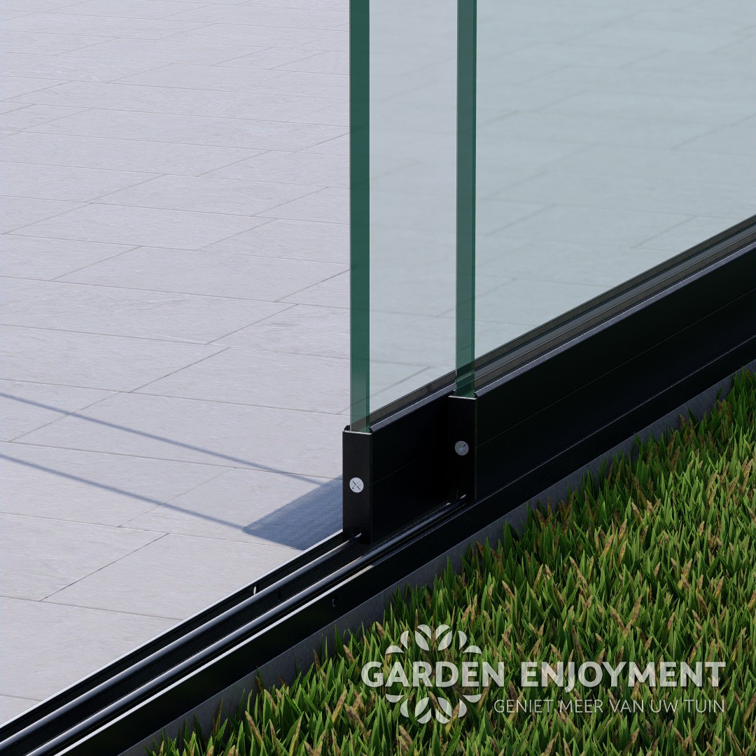 2 rail glazen schuifwand mat zwart RAL 9005M van 163 cm breed en een totale hoogte van 235 cm GE01