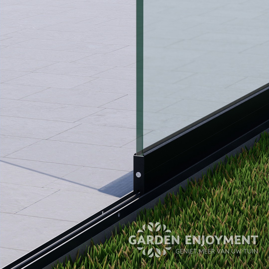 1 rail glazen schuifwand mat zwart RAL 9005M van 90 cm breed en een totale hoogte van 220 cm GE01