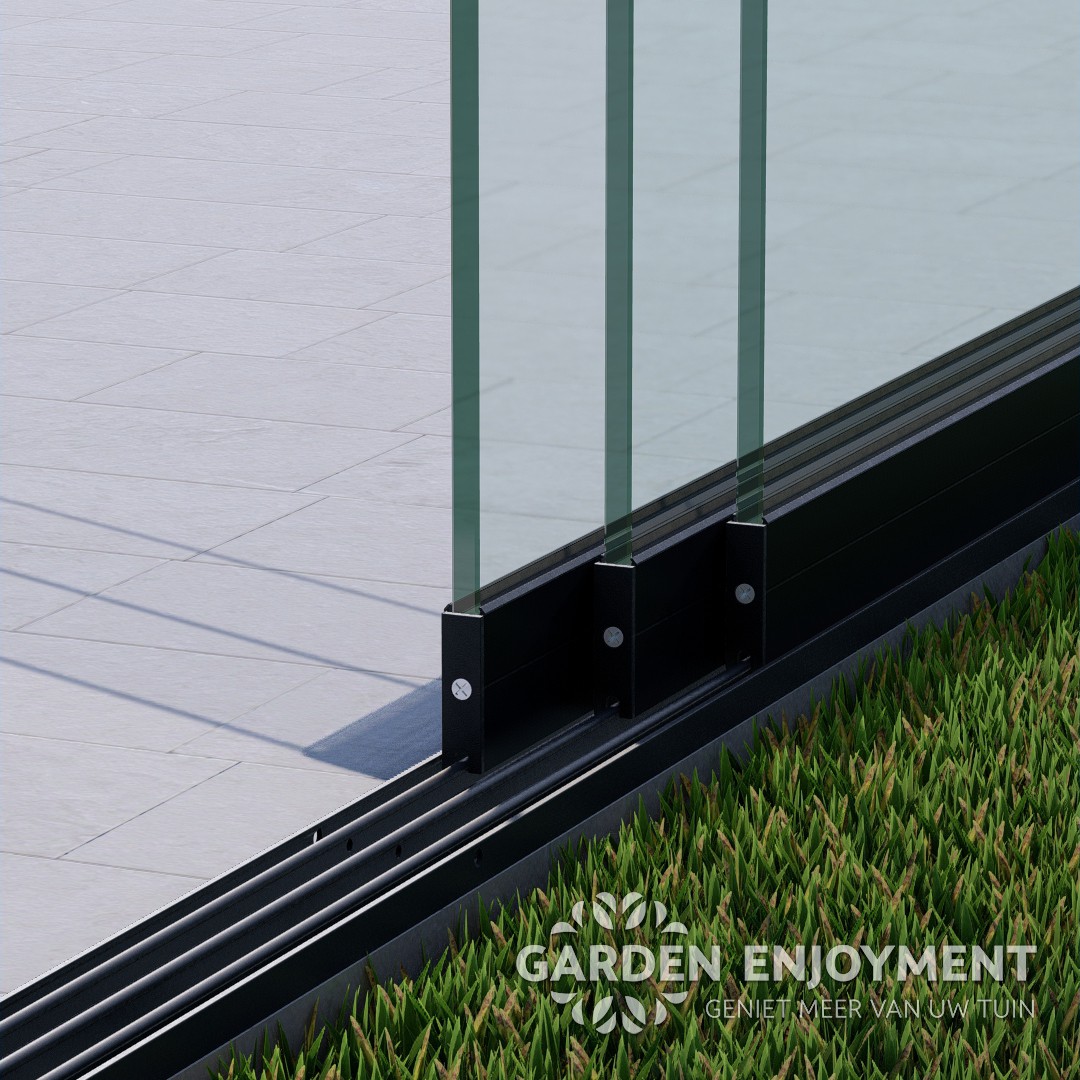 3 rail glazen schuifwand mat zwart RAL 9005M van 292 cm breed en een totale hoogte van 220 cm GE01