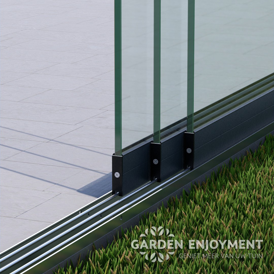 3 rail glazen schuifwand antraciet RAL 7016S van 244 cm breed en een totale hoogte van 200 cm GE01